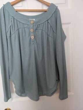 We The Free Aqua Waffle Knit Henley Top - Women Size Small
